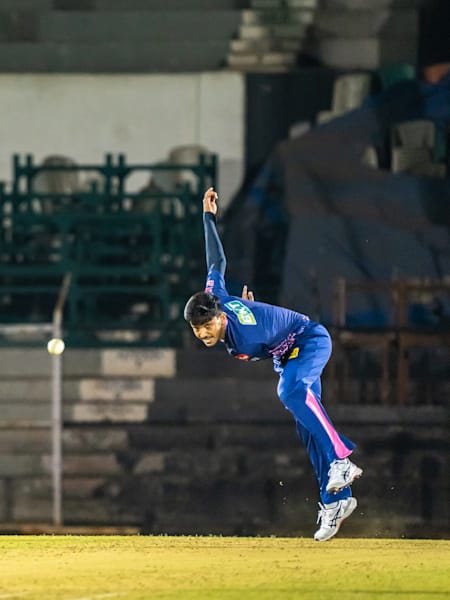 Chetan Sakariya bowls during a Rajasthan Royals training session.