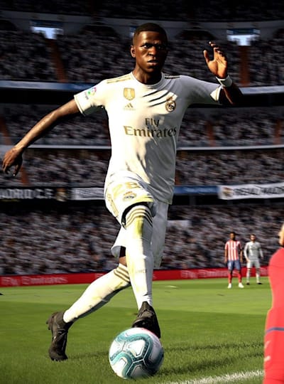 A screenshot of a Real Madrid player dribbling in FIFA 20.