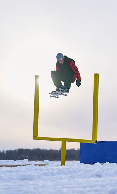 Ryan Decenzo Frontside Kickflips during Red Bull Project Carousel on Coon Lake, East Bethel, Minnesota, USA on February 10, 2025.