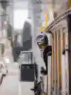 Danny MacAskill leans out a tram in San Francisco.