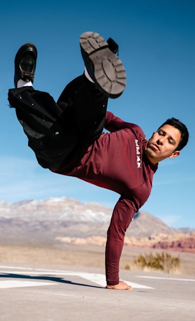 B-Boy Victor poses for a portrait at Red Rocks Canyon outside of Las Vegas, NV, USA on February 12, 2024. 