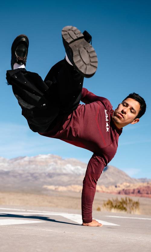 B-Boy Victor poses for a portrait at Red Rocks Canyon outside of Las Vegas, NV, USA on February 12, 2024. 