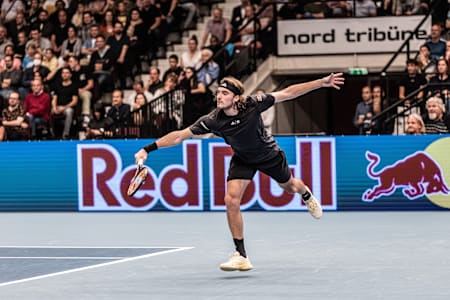 Stefanos Tsitsipas plays against Dennis Novak at the Erste Bank Open in Vienna, Austria on October 26, 2022.