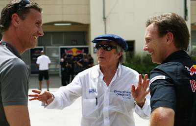 Sir Jackie Stewart im Gespräch mit David Coulthard und Christian Horner beim F1 Grand Prix von Bahrain 2009.