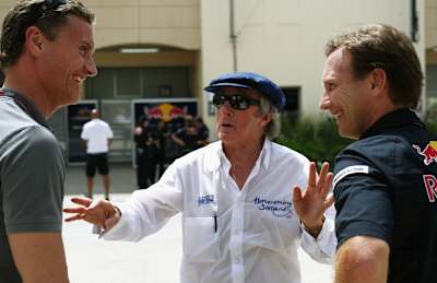 Sir Jackie Stewart im Gespräch mit David Coulthard und Christian Horner beim F1 Grand Prix von Bahrain 2009.