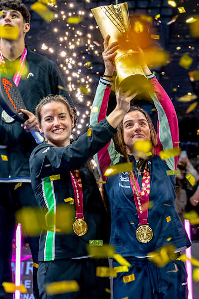 In 2024, Ariana Sánchez and Paula Josemaría celebrate victory at the Premier Padel Finals award ceremony in Barcelona, Spain.