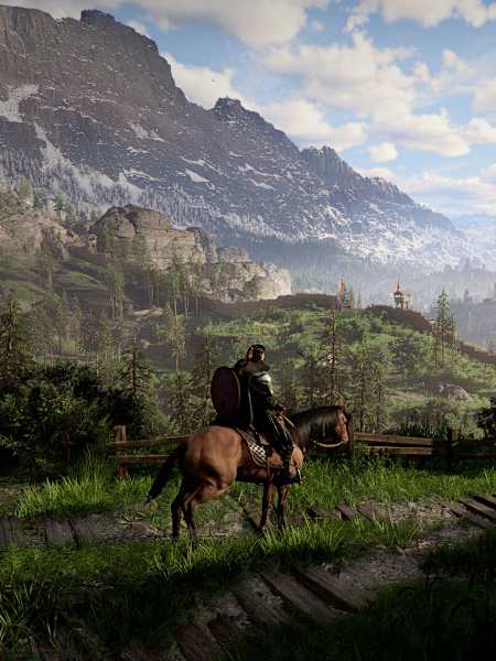 Captura de pantalla de Crimson Desert que muestra al héroe a caballo en una zona boscosa con montañas nevadas al fondo.