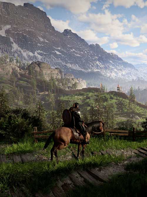 Le héros de Crimson Desert avance à cheval dans une forêt.