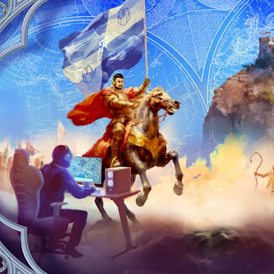 Red Bull Wololo: El Reinado artwork featuring rider carrying flag on horse, two gamers playing on computers in foreground. Castle on hill in background.