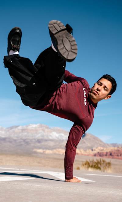 B-Boy Victor poses for a portrait at Red Rocks Canyon outside of Las Vegas, NV, USA on February 12, 2024. 