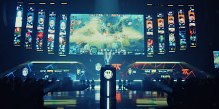 The stage at ESL One Stockholm, showing OG and Fnatic competing.