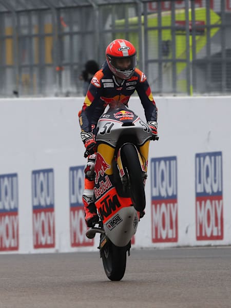 Brian Uriarte pulling a wheelie after winning the Race 1 - Sachsenring 2025
