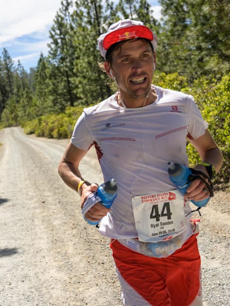 Ryan Sandes races during the Western States 100-mile race, Sierra Nevada Mountains, USA on June 29, 2019.