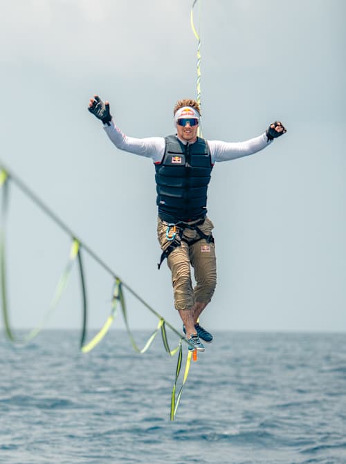 Estonia's Jaan Roose seen during his parasail slackline walk in the Maldives in 2025.