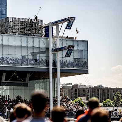 Alessandro De Rose of Italy dives at Red Bull Cliff Diving Boston