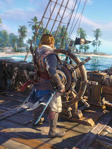 Edward Kenway à la barre du Jackdaw, avec une baleine à bosse qui vient de faire surface devant lui, dans Assassin's Creed Black Flag Resynced.