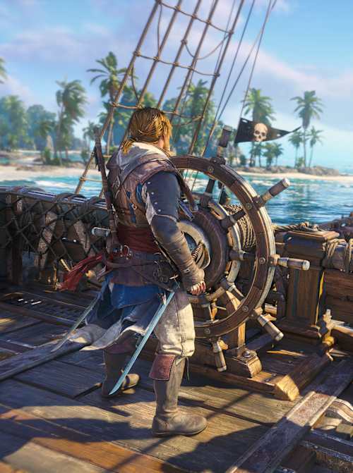 Edward Kenway à la barre du Jackdaw, avec une baleine à bosse qui vient de faire surface devant lui, dans Assassin's Creed Black Flag Resynced.