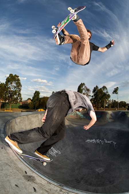 Local scene stalwarts Alan and Nick fine-tune their timing at Brunswick skatepark in Melbourne!