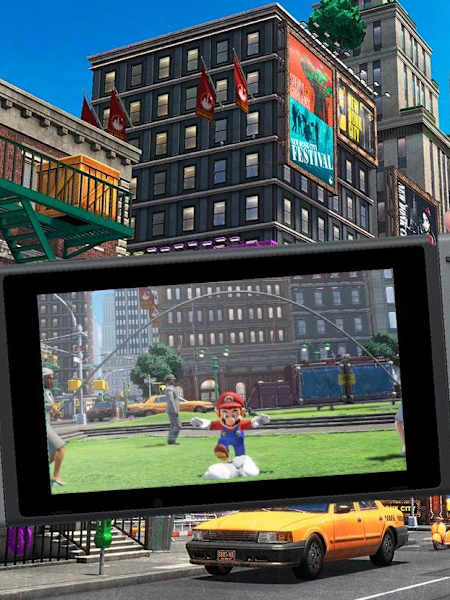 Mario takes on the jump rope challenge in Super Mario Odyssey, played on a Nintendo Switch.