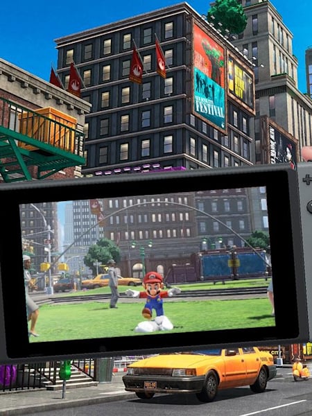 Mario takes on the jump rope challenge in Super Mario Odyssey, played on a Nintendo Switch.