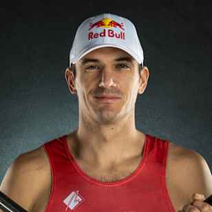 Valent Sinković poses for a portrait with crossed oars during a studio photoshoot in Zagreb, Croatia on January 10, 2022. 