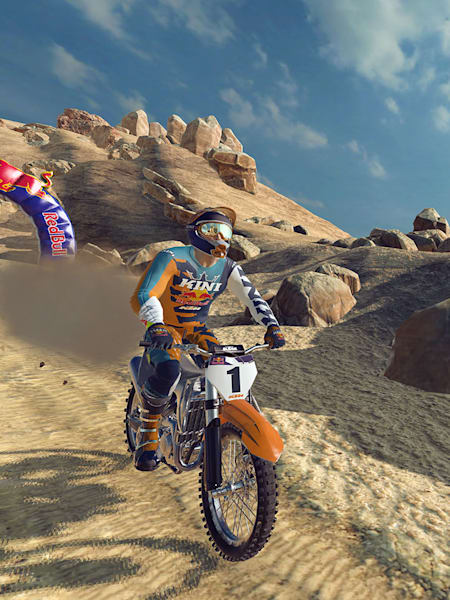 Screenshot of a Red Bull rider on a dirt track in Dirt Bike Unchained