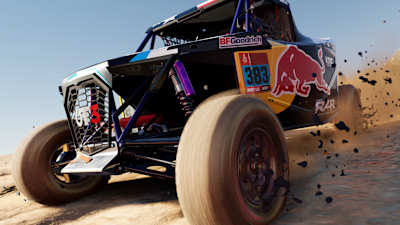 Una captura de pantalla del Rally Dakar muestra un coche de carreras de Red Bull.