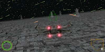 Ein Kampfraumschiff navigiert durch mehrere, Laser-schießende Türme