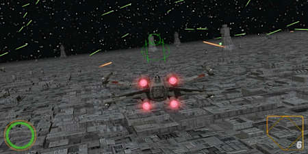 Ein Kampfraumschiff navigiert durch mehrere, Laser-schießende Türme