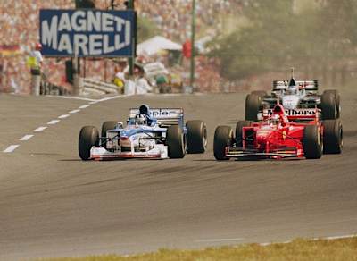 A photo of Arrows' UK F1 driver Damon Hill at the start of the 1997 Hungarian Grand Prix.