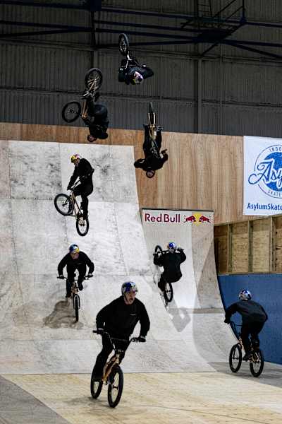 Kieran Reilly with his world first triple flair at Asylum skatepark in Nottingham, United Kingdom.