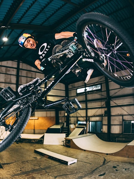 Japanese BMX star Rim Nakamura gets busy in an indoor skatepark.