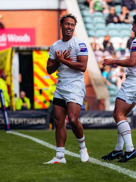 Harrison Obatoyinbo celebrates against Leicester Tigers in the PREM Cup