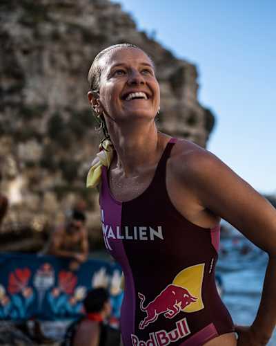 Rhiannan Iffland of Australia smiles after her final dive on the competition day of the 2025 Red Bull Cliff Diving World Series in Polignano a Mare, Italy