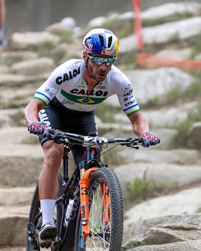 Henrique Avancini performs at UCI XCO World Cup in Val Di Sole, Italy on July 2, 2023 