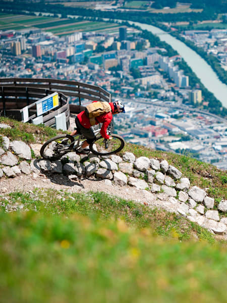 Stefan Eberharter and Tom Öhler riding Nordketten Singletrail, Austria, July 10, 2019.
