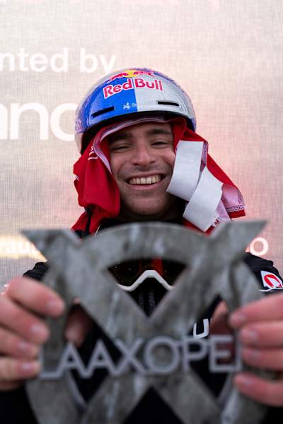 On January 17, 2026, Matěj Švancer holds his 3rd-place trophy at the Laax Open in Laax, Switzerland.