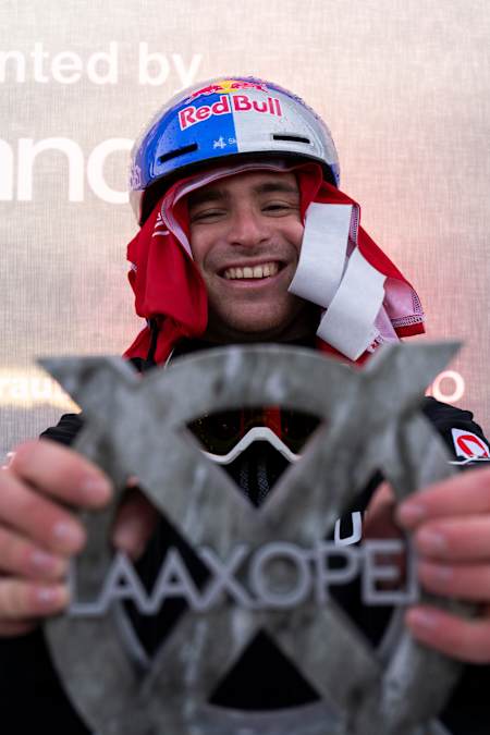 On January 17, 2026, Matěj Švancer holds his 3rd-place trophy at the Laax Open in Laax, Switzerland.