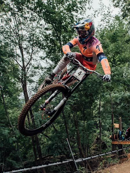 Loic Bruni racing during practice at the UCI MTB DH World Cup in Lousã on November 1, 2020.