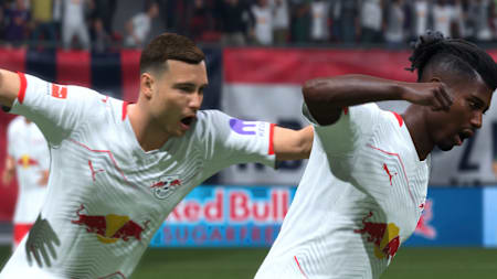 Os jogadores do RB Leipzig comemoram um gol no FC 26.