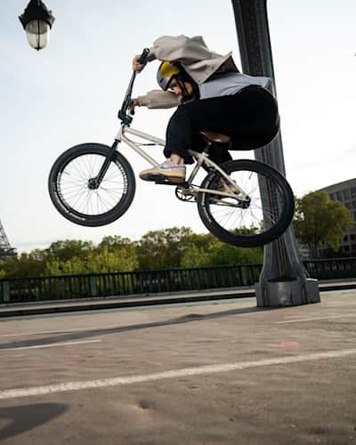 Nikita Ducarroz of USA poses for an action shot on the iconic Bir-Hakeim Bridge in Paris, France, on September 28, 2023.