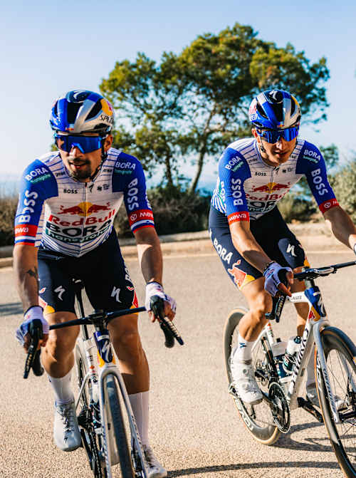 Primož Roglič, Florian Lipowitz and Remco Evenepoel of the Red Bull - BORA - hansgrohe team are photographed during a training session in Palma de Mallorca, Spain on December 8, 2025.