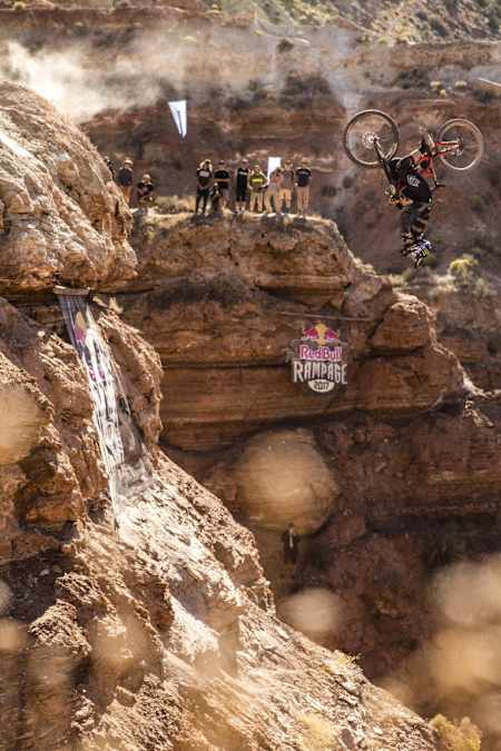 Cam Zink performs a flip at Red Bull Rampage finals on October 27, 2017