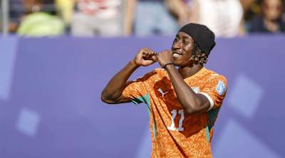 Yan Diomandé celebrates for Ivory Coas