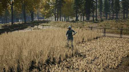 Screenshot aus Medieval Dynasty zeigt eine Bäuerin beim Bestellen des Feldes.