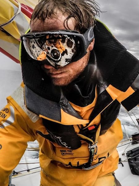Luke Parkinson wears ski goggles during rough seas