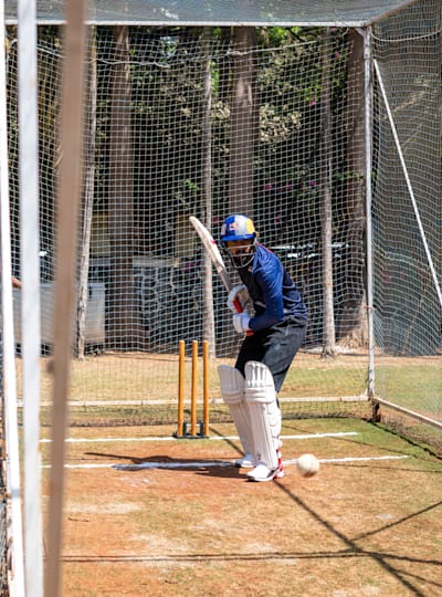 KL Rahul plays a shot during a net training session.