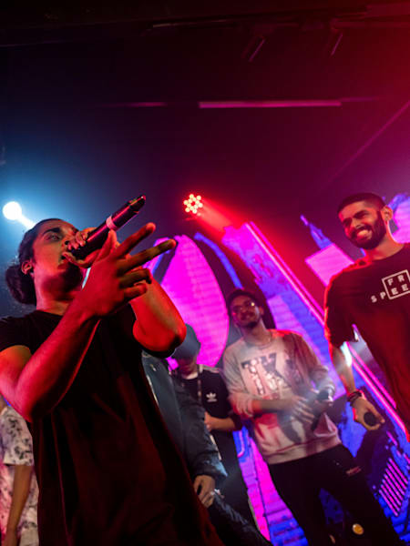 A photo of Mumbai hip-hop crew Swadesi performing at Red Bull Spotlight in Mumbai, India, on June 13, 2019.