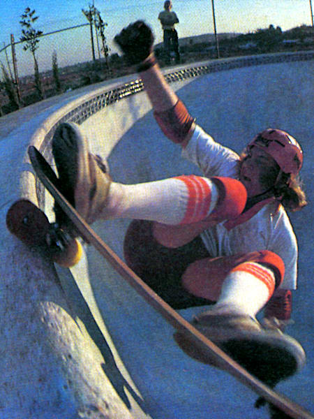 Layne Oaks grinds the lip on a backyard pool in the 1970s.
