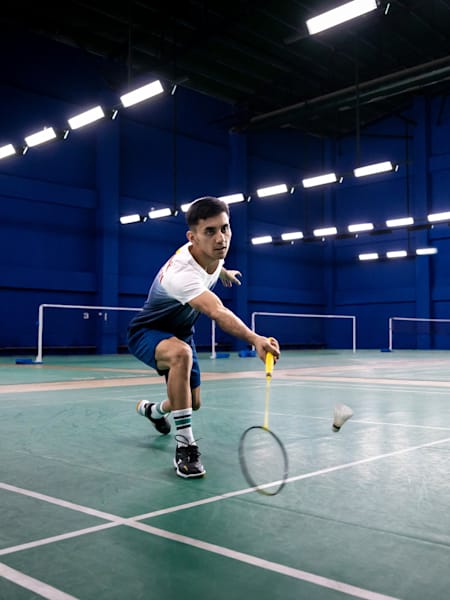 Lakshya Sen during a badminton training session on a court